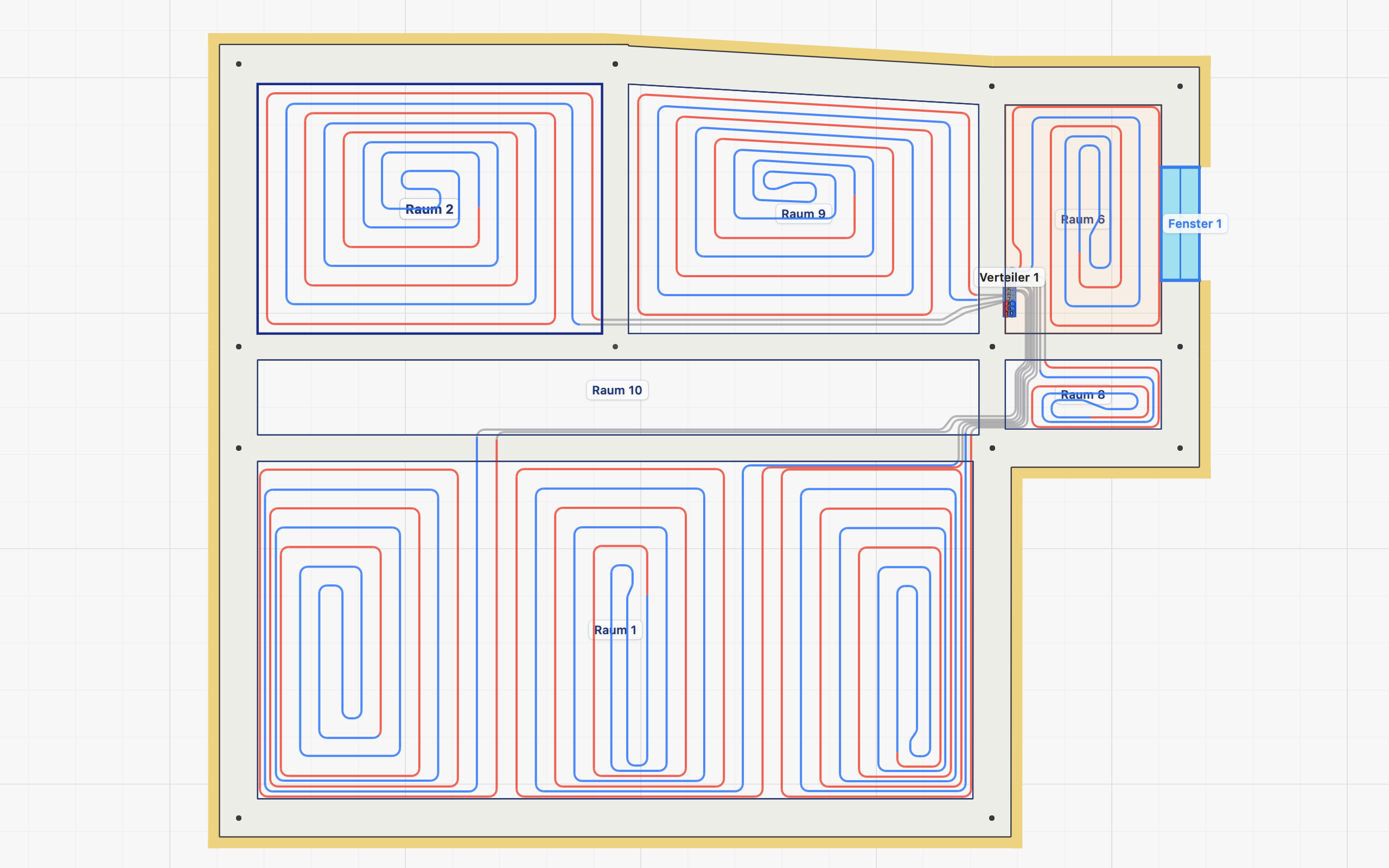 Fußbodenheizung Software Mac: Grundriss mit Heizkreisen, Verteiler und Räumen in MyHeating Designer